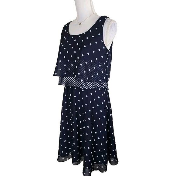 SLNY ~Woman Size 8~ Navy Blue/White Polka Dots Knee Length Flare Dress NOWT - Picture 1 of 9